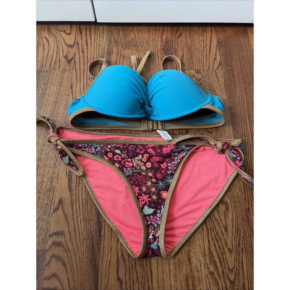 Aerie Bikini Set Womens 38D Top Pushup Bottom Size XL Blue Teal Gold Swimsuit